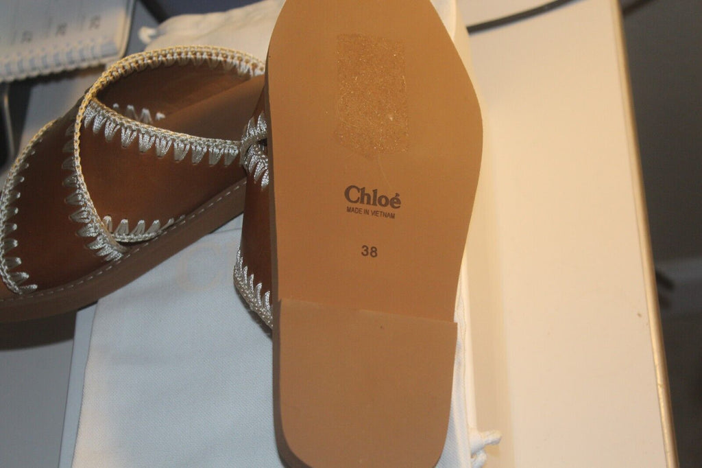 NWT Chloe 38/US 8 Women’s Woody Whipstitch Trim Brown Leather Sandal Slides