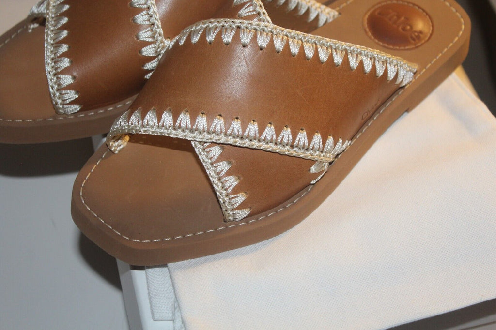 NWT Chloe 38/US 8 Women’s Woody Whipstitch Trim Brown Leather Sandal Slides
